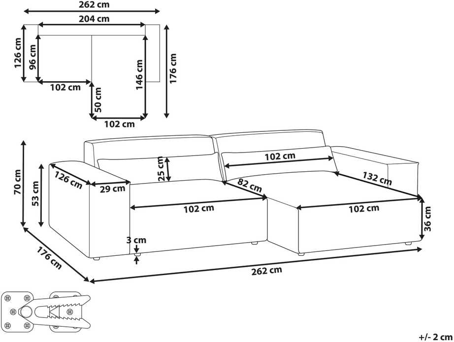 Beliani Trijų vietų modulinė sofa HELLNAR kairinė pilka