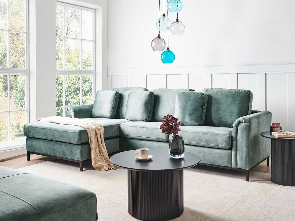 Beliani 4 vietų kampinė sofa OSLO, veliūrinė, žydra, dešininė