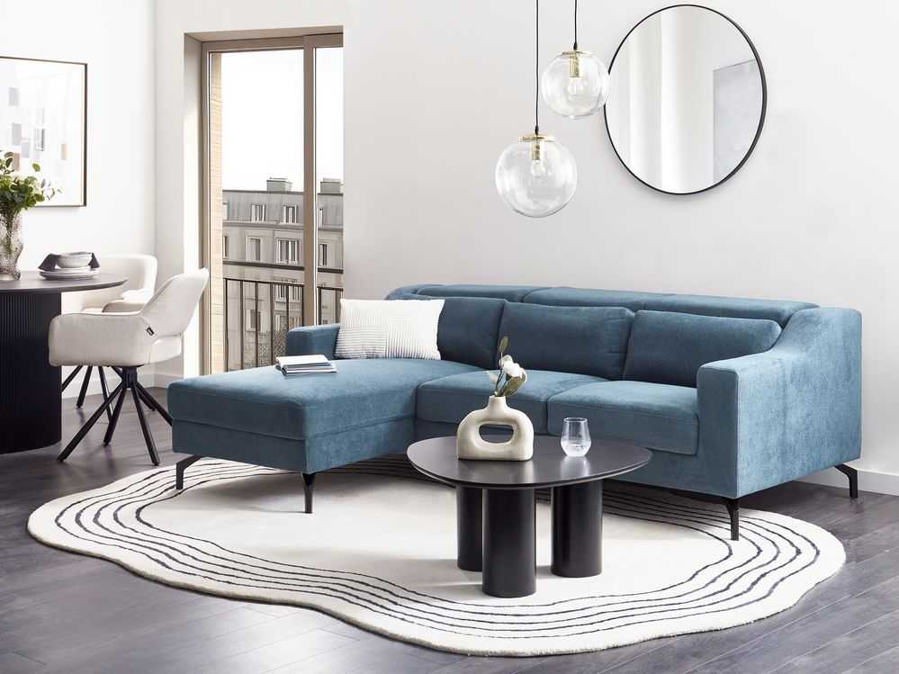 Beliani L formos sofa GLOSLI 4 asmenims, mėlynas šenilinis audinys, dešininė
