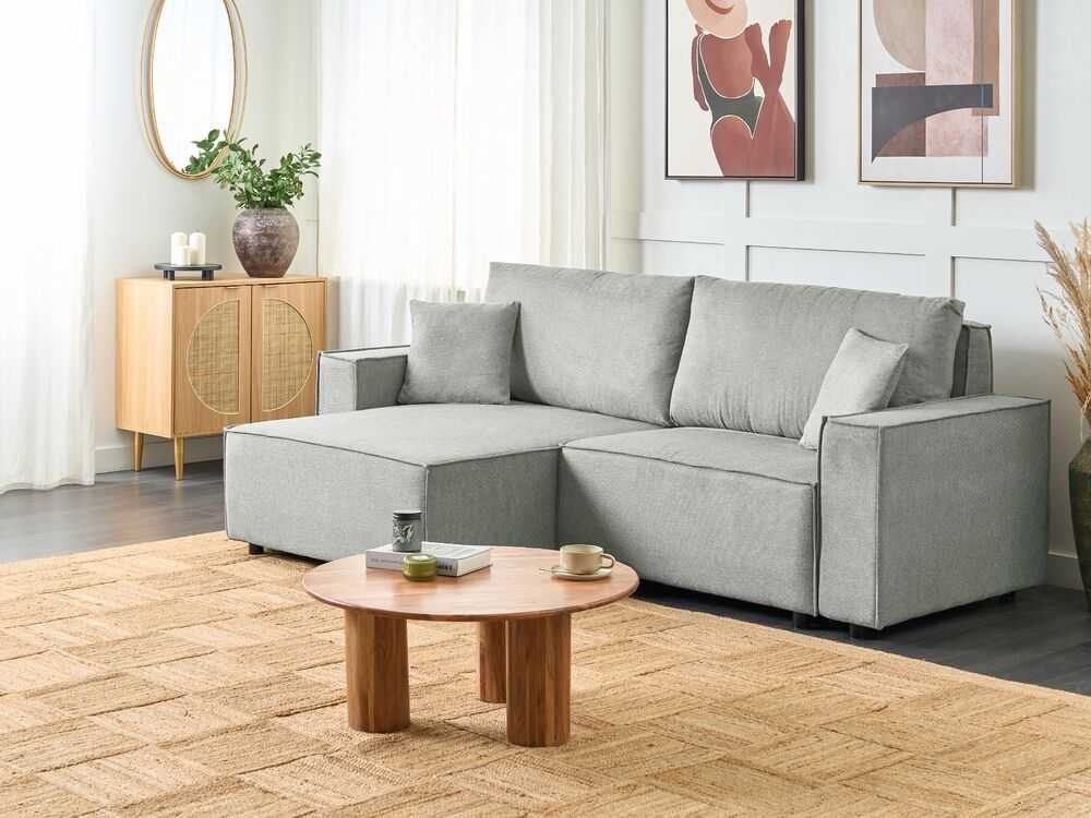 Beliani Išskleidžiama kampinė sofa KARILA pilka su patalynės dėže, dešininė
