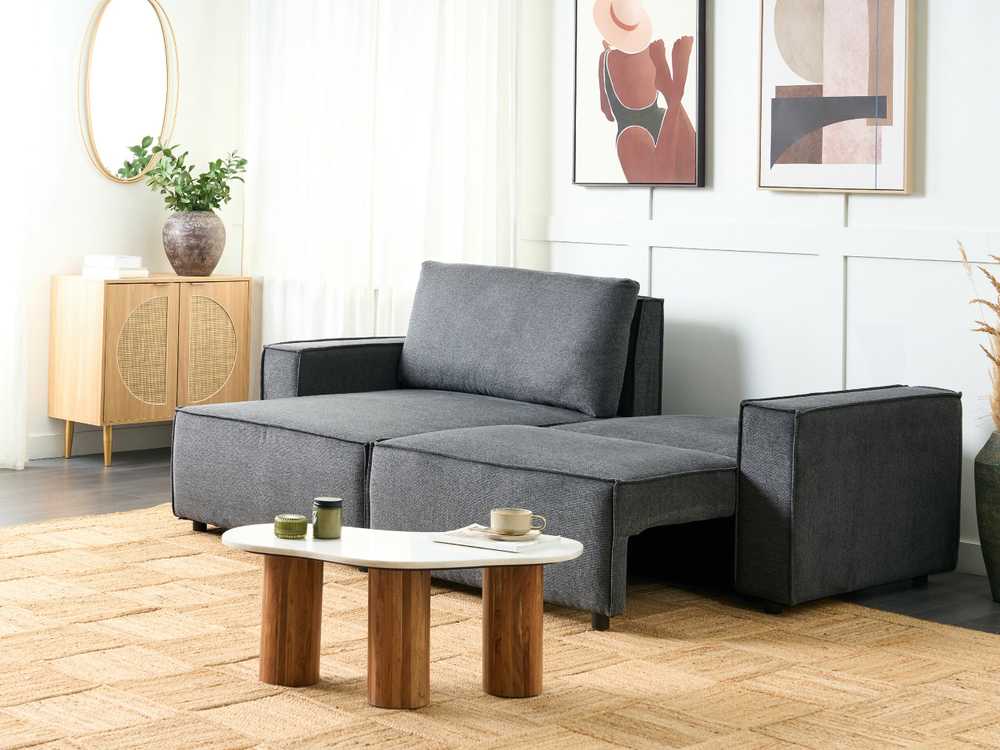 Beliani Išskleidžiama kampinė sofa KARILA 3 vietų, tamsiai pilka, su patalynės dėže, dešininė