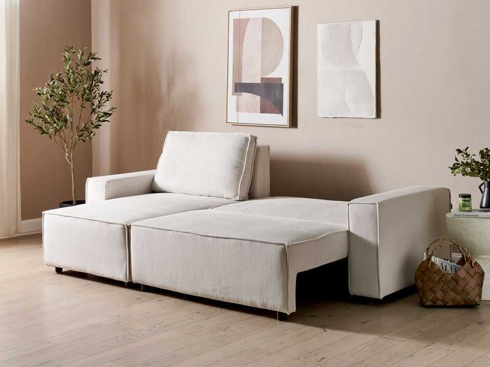 Beliani Išskleidžiama kampinė sofa ABACKA, 3 vietų, velvetinė, kreminė balta, dešininė
