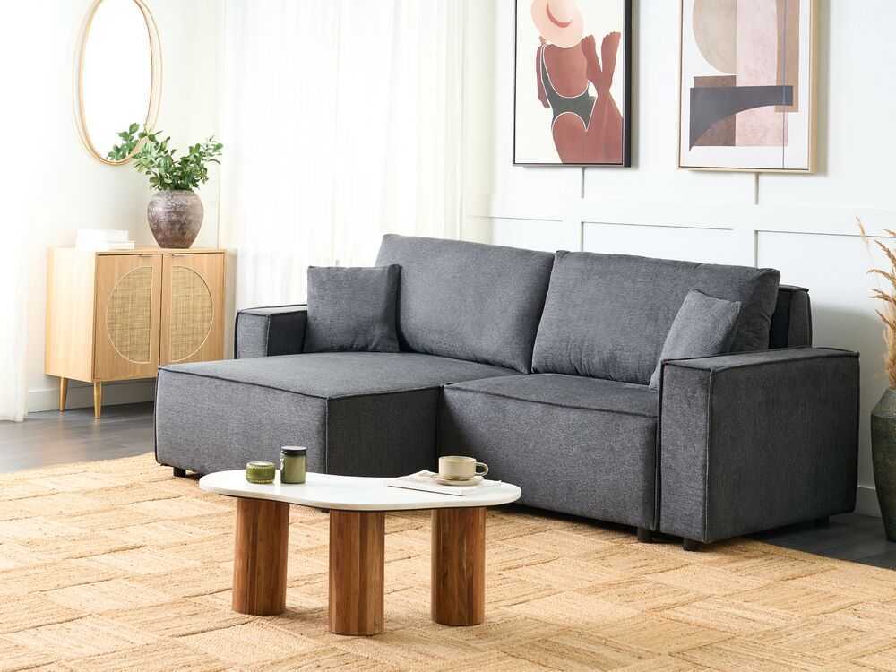 Beliani Išskleidžiama kampinė sofa KARILA 3 vietų, tamsiai pilka, su patalynės dėže, dešininė