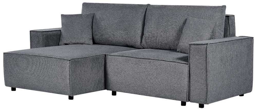 Beliani Išskleidžiama kampinė sofa KARILA 3 vietų, tamsiai pilka, su patalynės dėže, dešininė