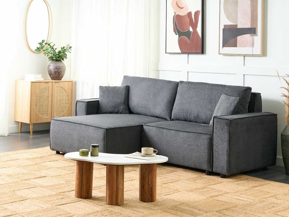 Beliani Išskleidžiama kampinė sofa KARILA 3 vietų, tamsiai pilka, su patalynės dėže, dešininė