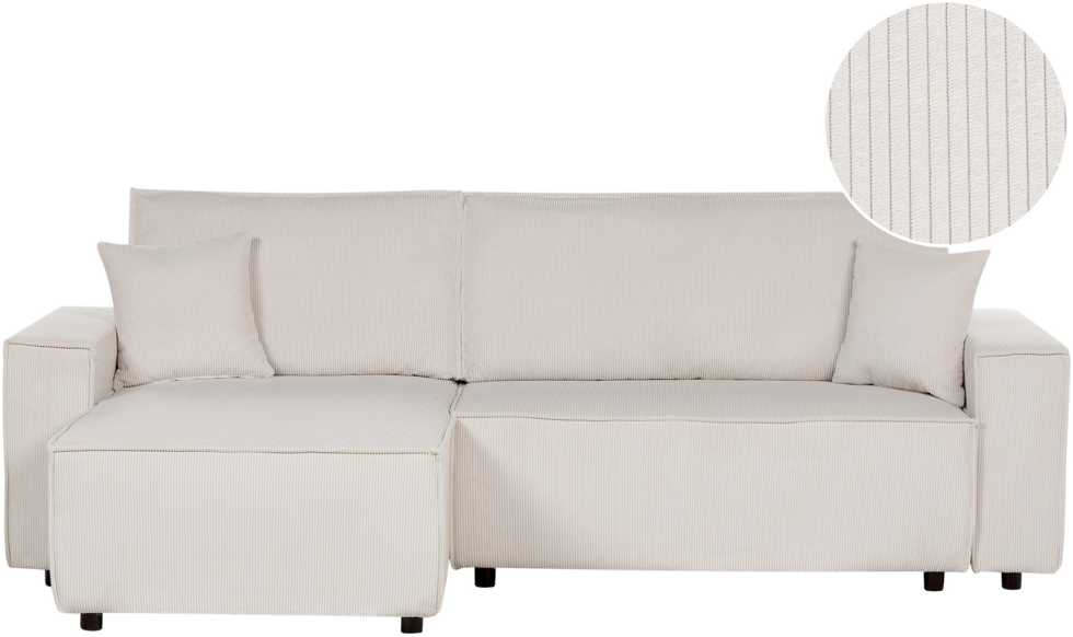 Beliani Išskleidžiama kampinė sofa ABACKA, 3 vietų, velvetinė, kreminė balta, dešininė