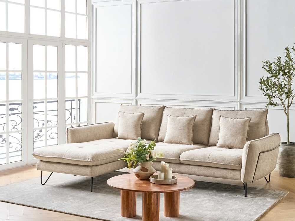 Beliani Trivietė kampinė sofa SERSAN šenilo audinio, smėlio spalvos, dešininė