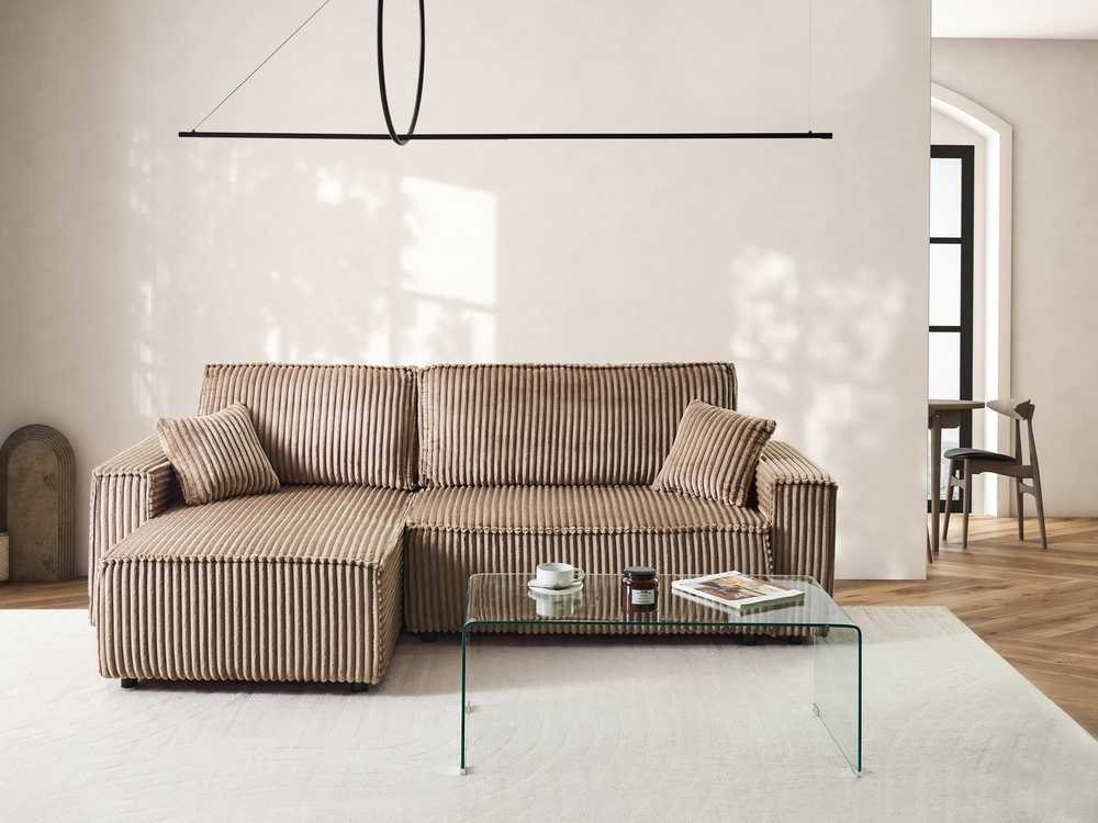 Beliani Išskleidžiama 3 vietų kampinė sofa ABACKA, velvetas, šviesiai ruda, su patalynės dėže, dešininė