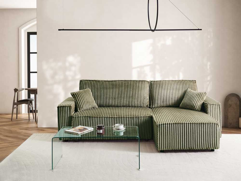 Sofa Beliani Išskleidžiamas kampas 3 asmenims ABACKA, velvetinis, žalias, su daiktadėže, kairinis