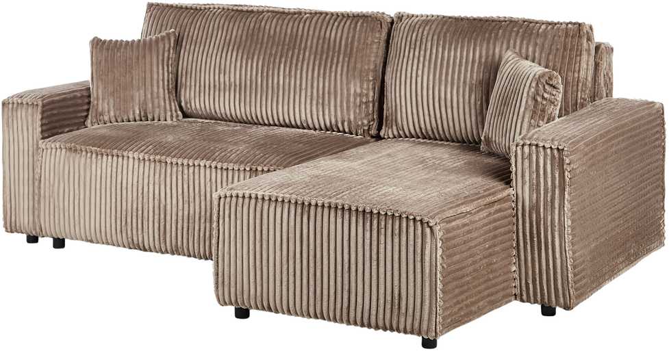 Beliani Išskleidžiama 3 vietų kampinė sofa ABACKA iš velveto, šviesiai ruda, su patalynės dėže, kairinė
