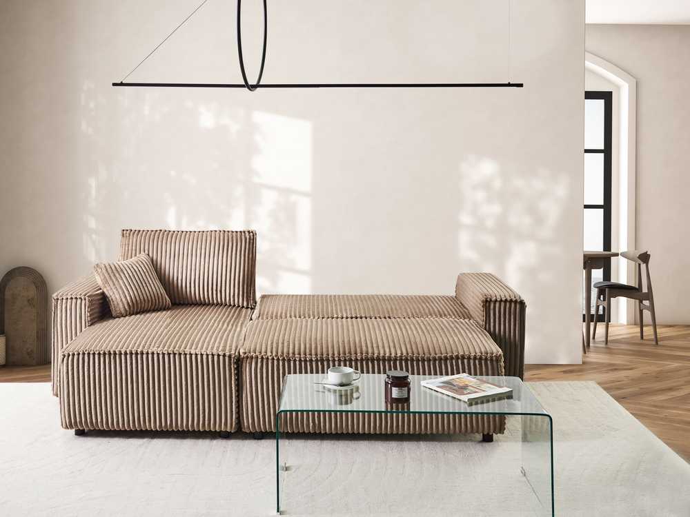Beliani Išskleidžiama 3 vietų kampinė sofa ABACKA, velvetas, šviesiai ruda, su patalynės dėže, dešininė