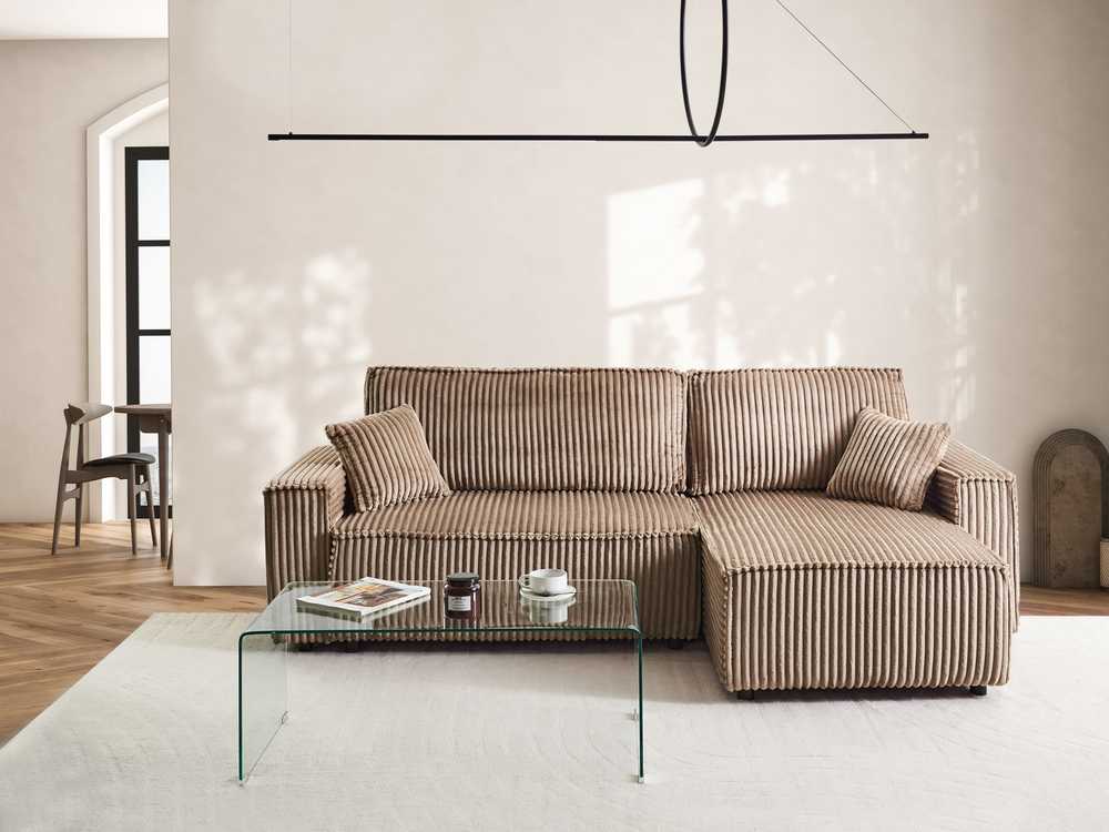 Beliani Išskleidžiama 3 vietų kampinė sofa ABACKA iš velveto, šviesiai ruda, su patalynės dėže, kairinė