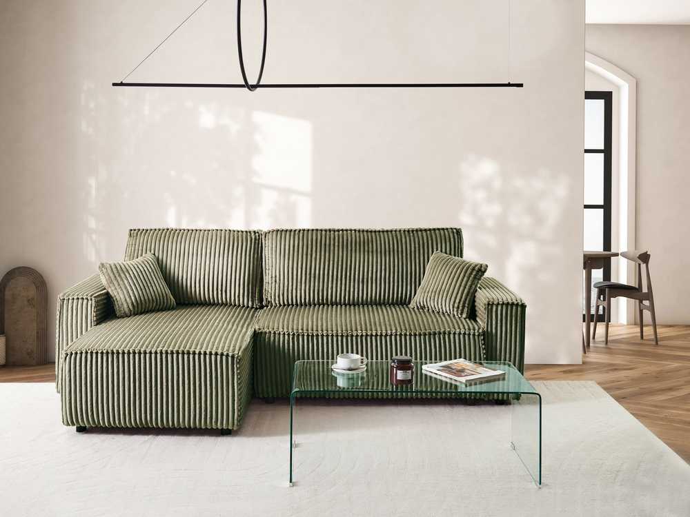 Beliani Išskleidžiamas trijų vietų kampinė sofa ABACKA, velvetinis, žalias, su daiktadėže, dešininė