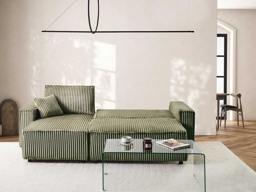 Beliani Išskleidžiamas trijų vietų kampinė sofa ABACKA, velvetinis, žalias, su daiktadėže, dešininė