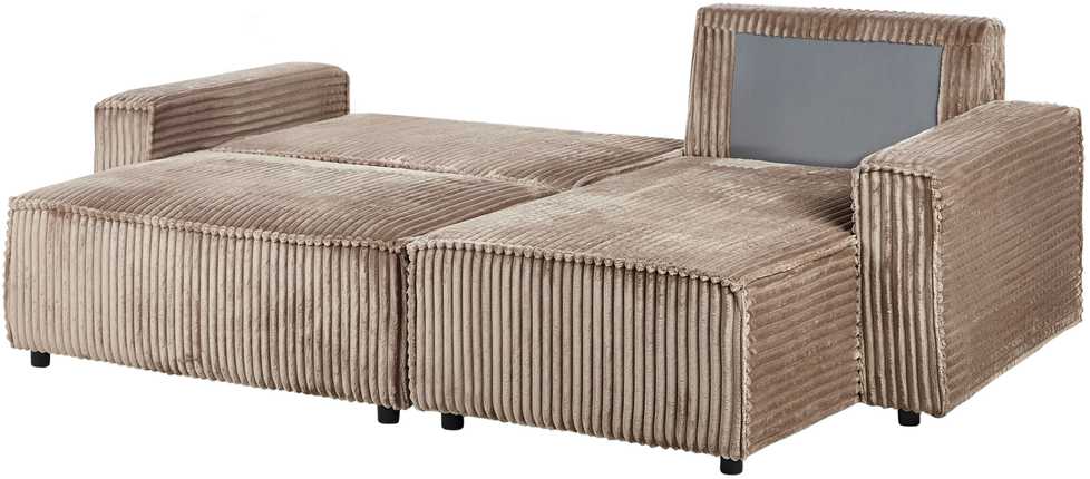 Beliani Išskleidžiama 3 vietų kampinė sofa ABACKA iš velveto, šviesiai ruda, su patalynės dėže, kairinė