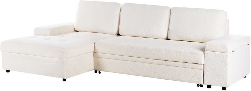 Beliani Išskleidžiama 3 vietų kampinė sofa HRISEY Boucle balta su daiktadėže, dešininė