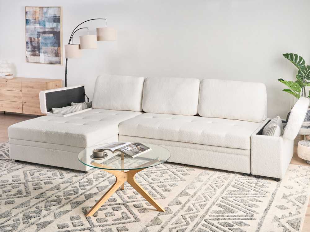 Beliani Išskleidžiama 3 vietų kampinė sofa HRISEY Boucle balta su daiktadėže, dešininė