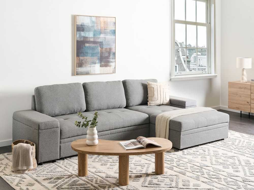 Sofa Beliani Išskleidžiamas kampas HRISEY, 3 vietų, sintetinis linas, pilkas su daiktadėže, kairinis