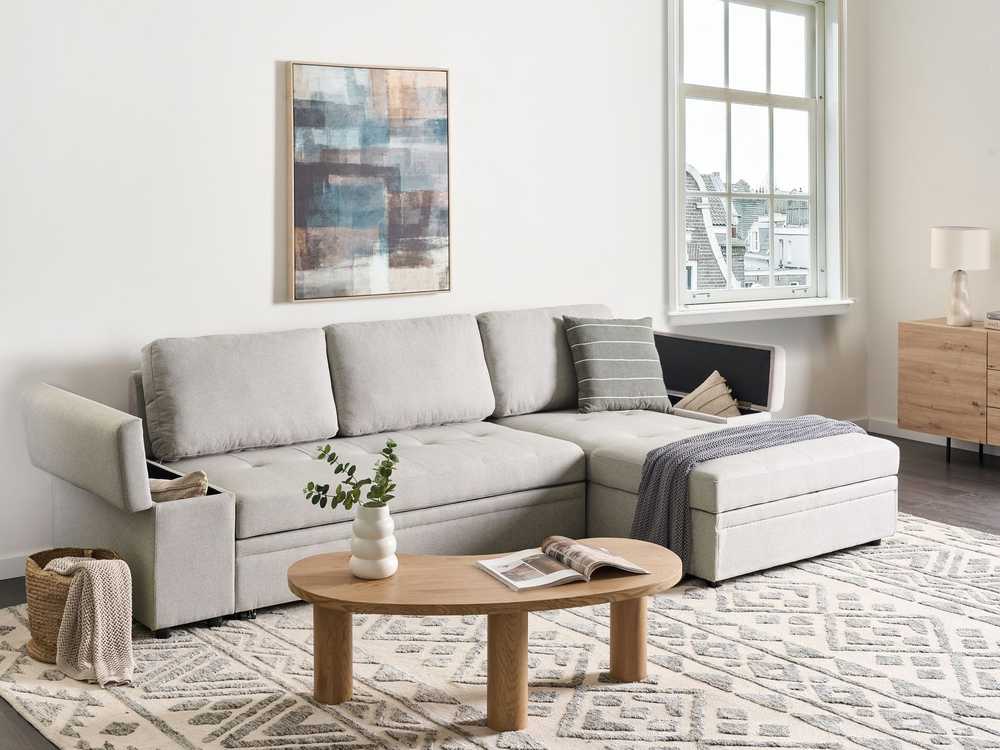 Sofa Beliani Išskleidžiamas kampas HRISEY Boucle Baltos spalvos su daiktadėže kairinis
