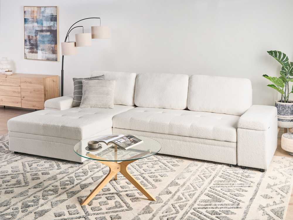 Beliani Išskleidžiama 3 vietų kampinė sofa HRISEY Boucle balta su daiktadėže, dešininė