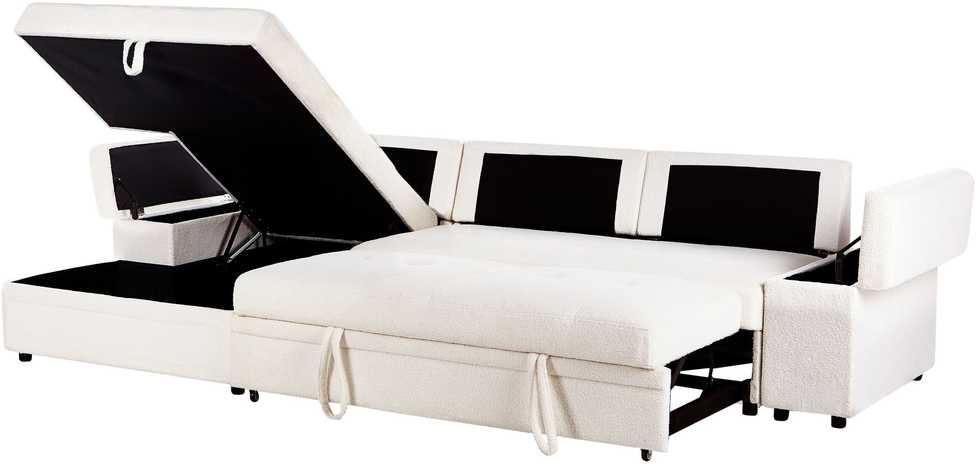 Beliani Išskleidžiama 3 vietų kampinė sofa HRISEY Boucle balta su daiktadėže, dešininė
