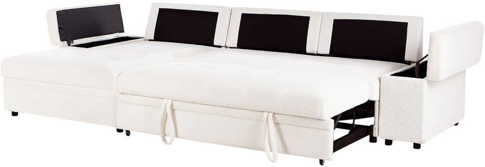 Beliani Išskleidžiama 3 vietų kampinė sofa HRISEY Boucle balta su daiktadėže, dešininė