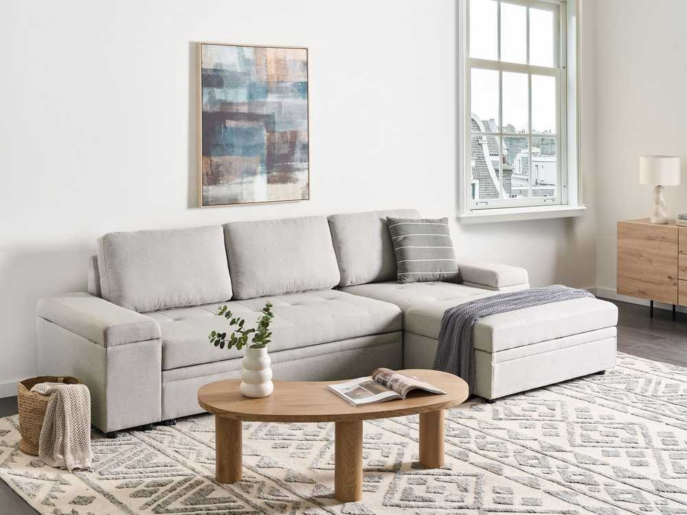 Sofa Beliani Išskleidžiamas kampas HRISEY Boucle Baltos spalvos su daiktadėže kairinis