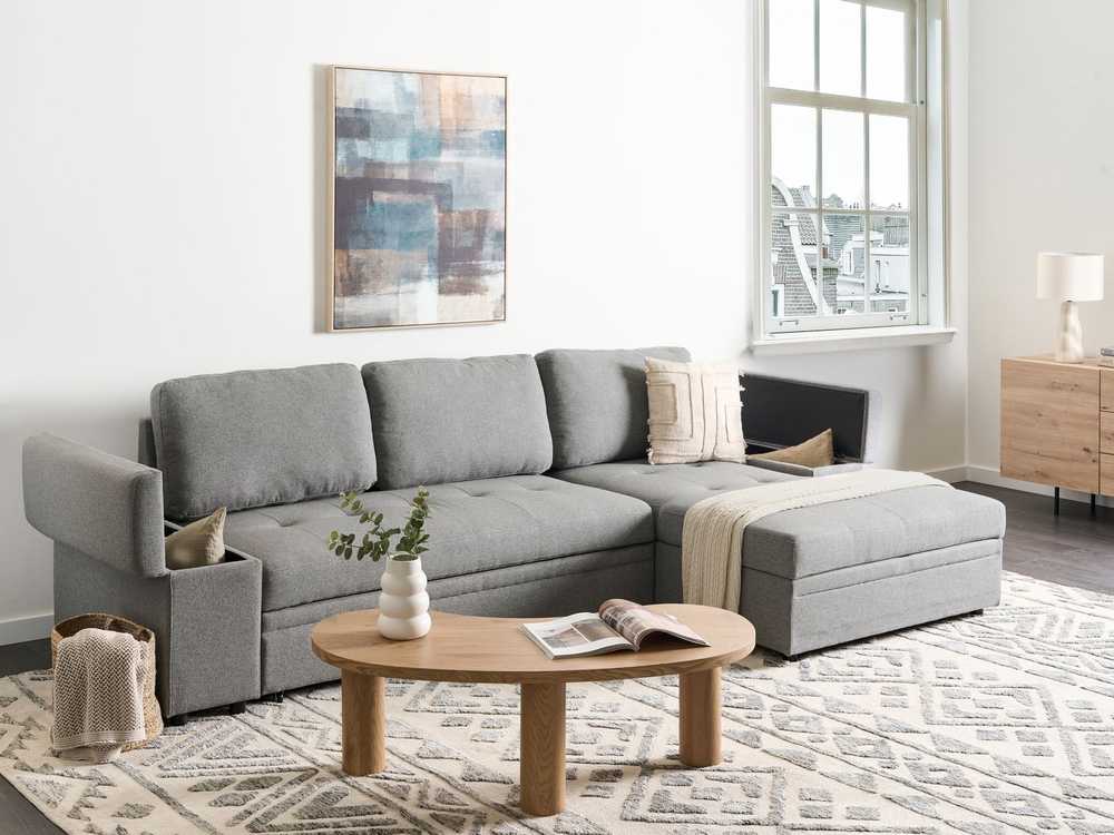 Sofa Beliani Išskleidžiamas kampas HRISEY, 3 vietų, sintetinis linas, pilkas su daiktadėže, kairinis