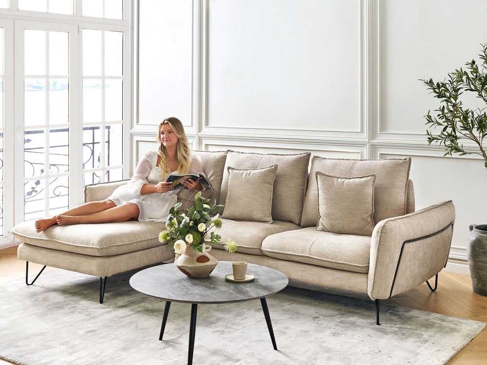 Beliani Trivietė kampinė sofa SERSAN šenilo audinio, smėlio spalvos, dešininė