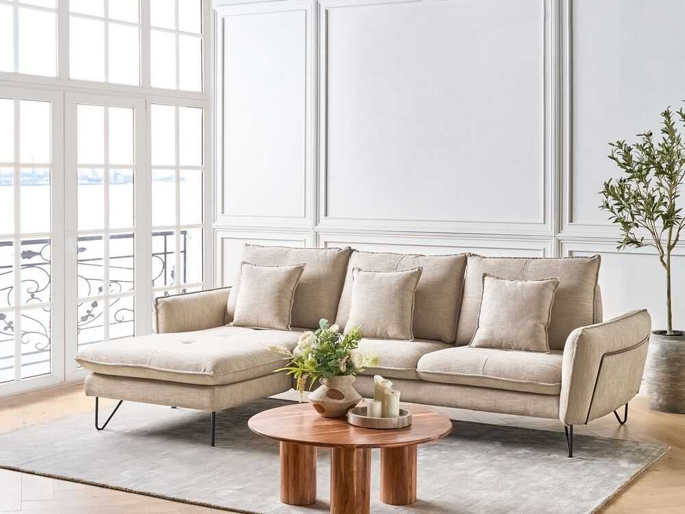 Beliani Trivietė kampinė sofa SERSAN šenilo audinio, smėlio spalvos, dešininė