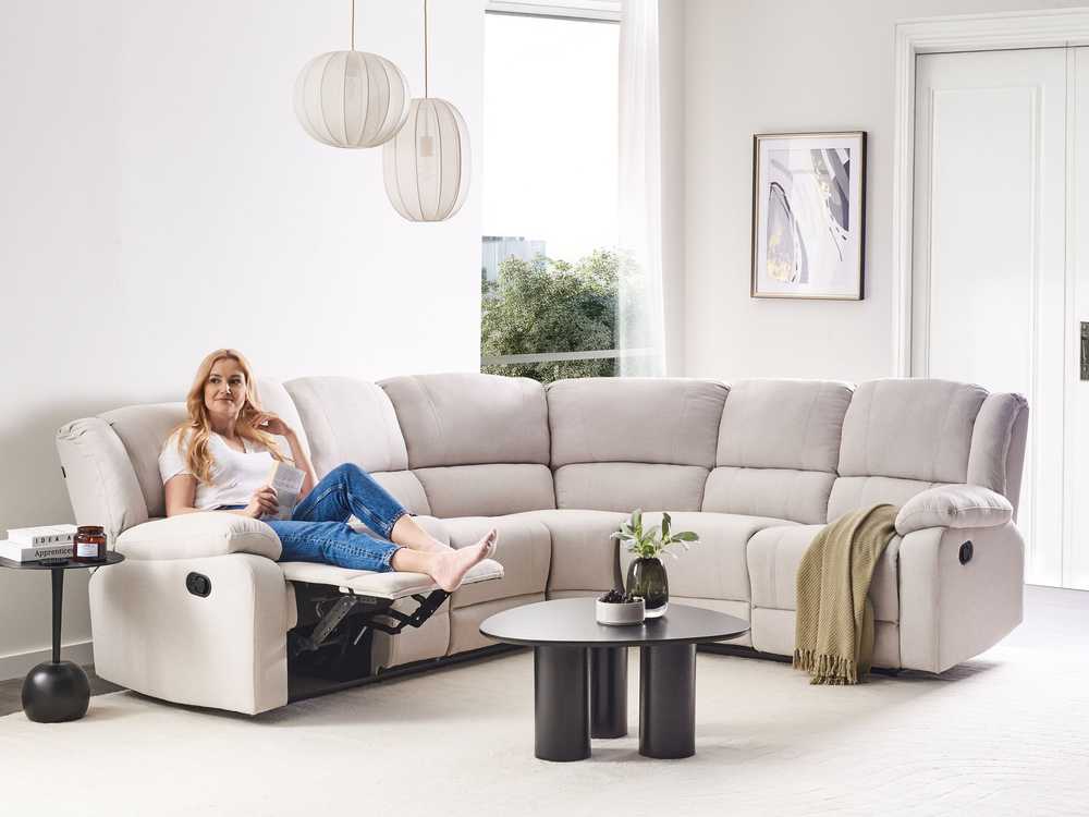 Beliani Kampinė sofa ROKKE su rankine relaksacijos funkcija, 5 vietos, šviesi smėlio spalva, kairinė