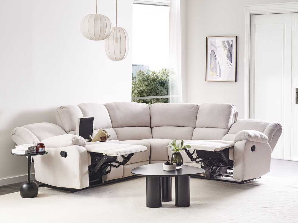 Beliani Kampinė sofa ROKKE su rankine relaksacijos funkcija, 5 vietos, šviesi smėlio spalva, kairinė
