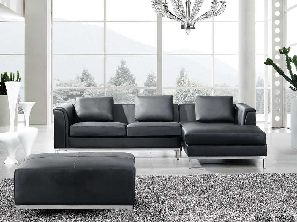 Sofa Beliani Kampas 5 asmenims OSLO, natūrali oda, juodas su otomane, kairinis