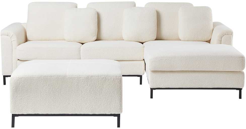 Beliani 5 vietų kampinė sofa OSLO Boucle balta su pufu, kairinė