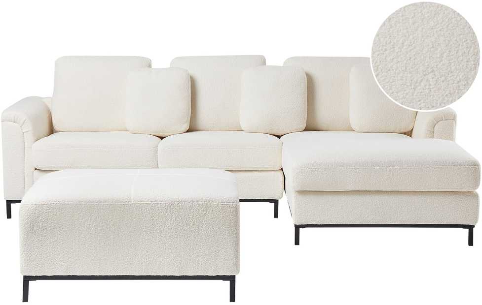 Beliani 5 vietų kampinė sofa OSLO Boucle balta su pufu, kairinė