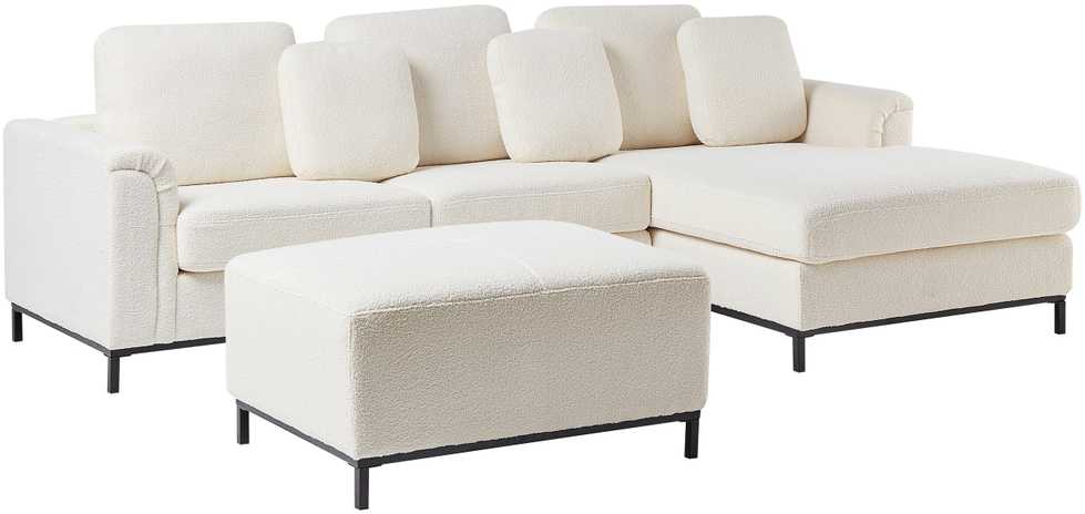 Beliani 5 vietų kampinė sofa OSLO Boucle balta su pufu, kairinė