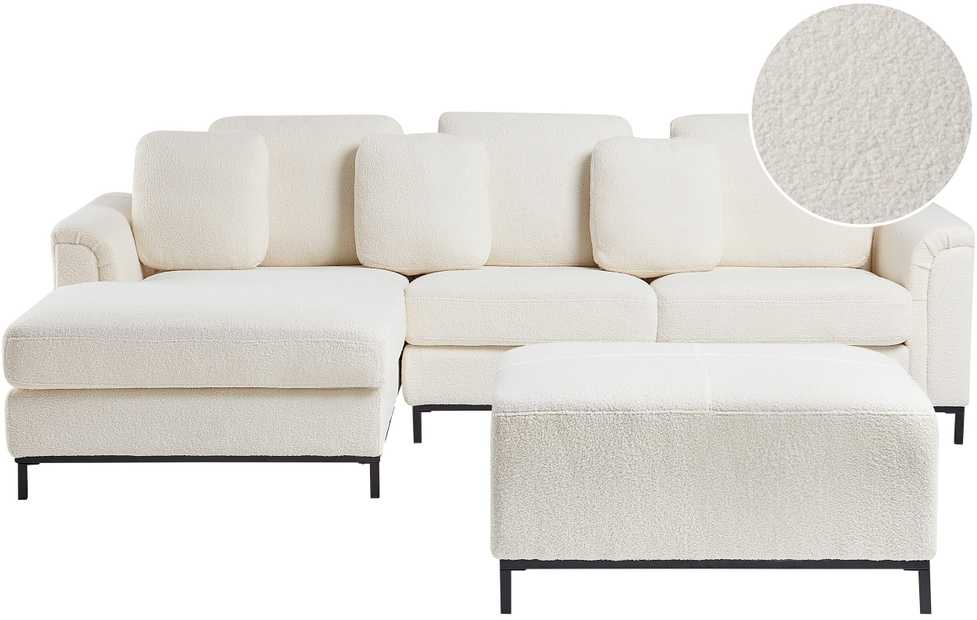 Beliani 5 vietų kampinė sofa OSLO, balta, bouclé audinys, su atrama kojoms, dešininė
