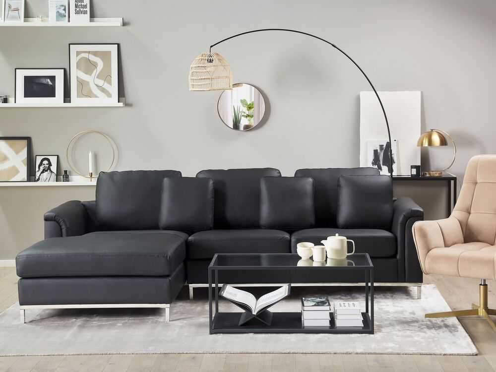 Beliani 5 vietų kampinė sofa OSLO, natūrali oda, juoda su otomanu, dešininė