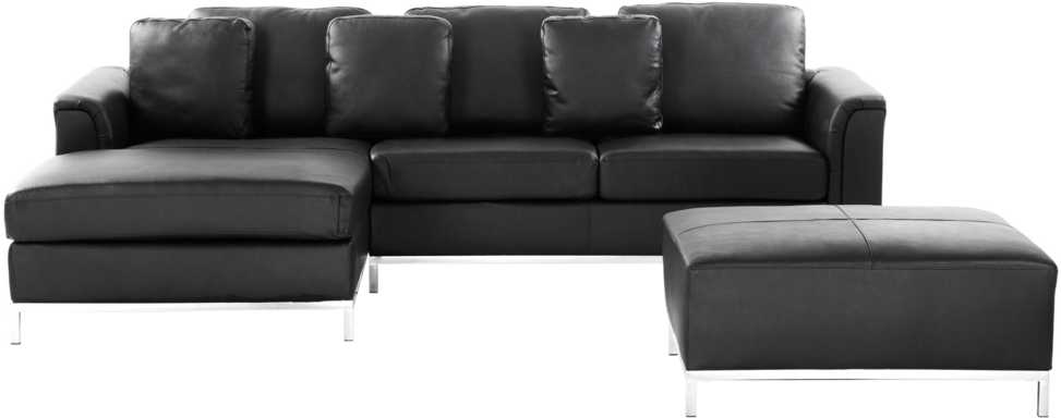 Beliani 5 vietų kampinė sofa OSLO, natūrali oda, juoda su otomanu, dešininė