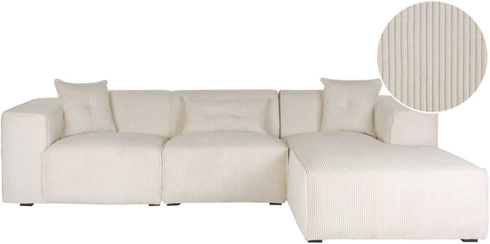 Beliani 3 vietų kampinė sofa DOLVA, velvetas, kreminė balta, kairinė