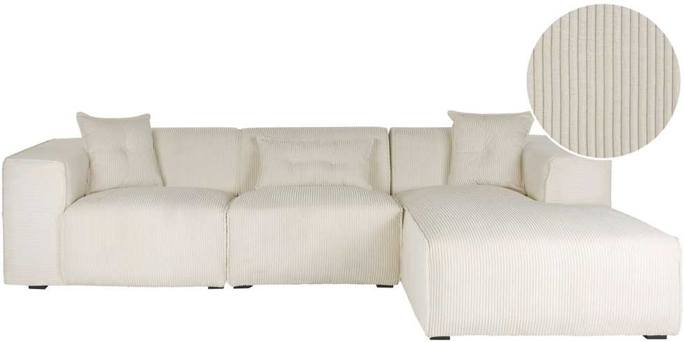 Beliani 3 vietų kampinė sofa DOLVA, velvetas, kreminė balta, kairinė