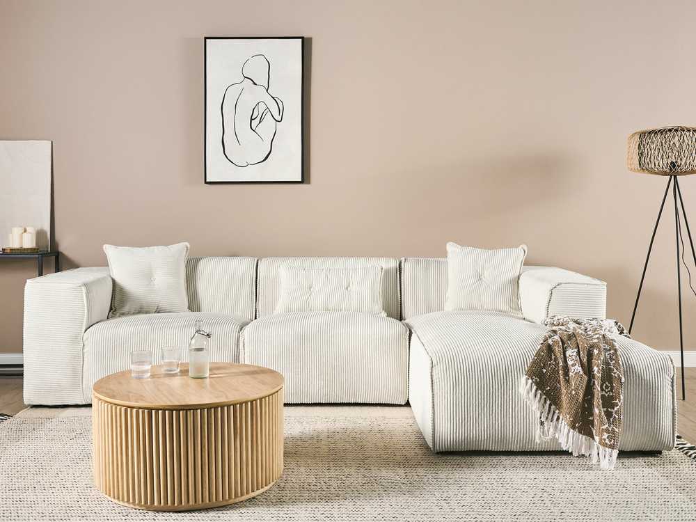 Beliani 3 vietų kampinė sofa DOLVA, velvetas, kreminė balta, kairinė