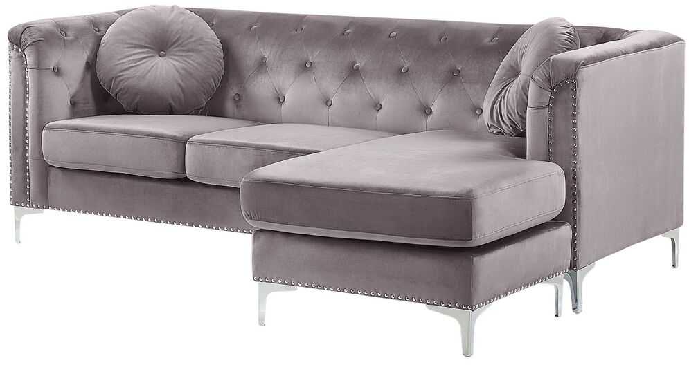 Beliani Trivietė kampinė sofa FLEN, veliūrinė, pilka, L-formos