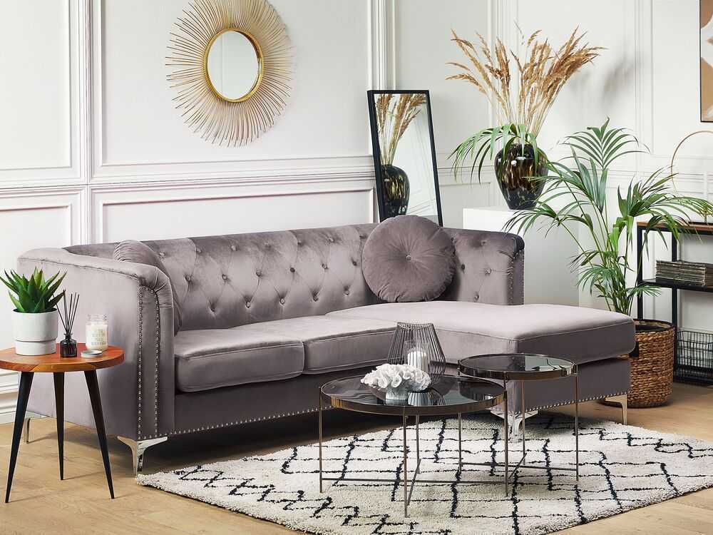 Beliani Trivietė kampinė sofa FLEN, veliūrinė, pilka, L-formos