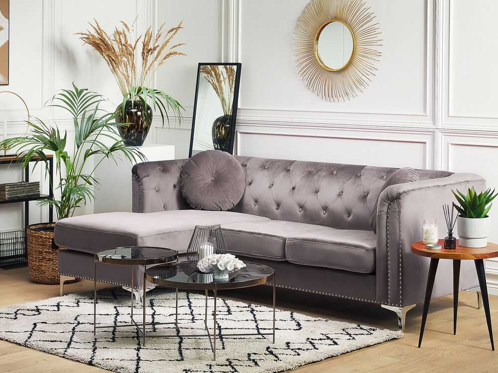 Beliani Trivietė kampinė sofa FLEN veliūrinė pilka