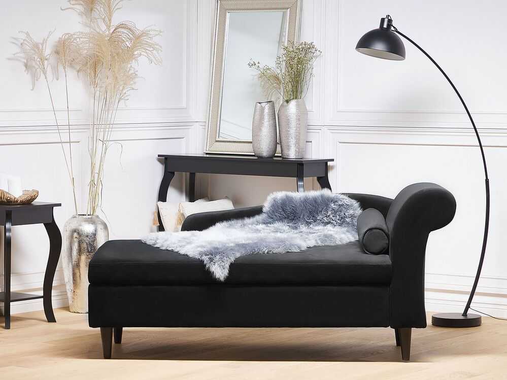 Sofa Beliani Dešininis šezlongas LUIRO veliūrinis juodas su daiktadėže