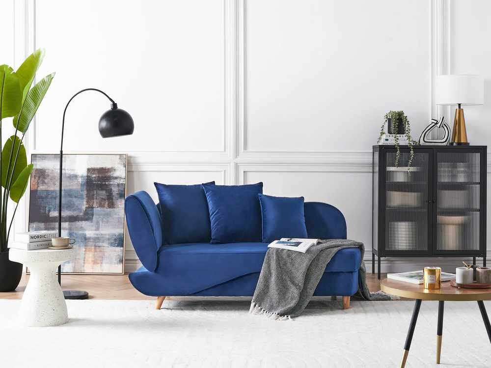 Sofa Beliani Kairinis gultas MERI su daiktadėže, tamsiai mėlynas veliūras