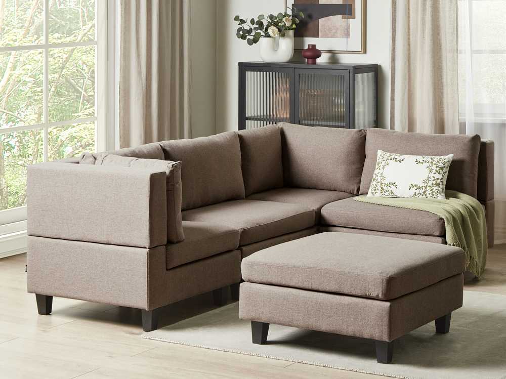 Beliani Modulinė 4 vietų sofa UNSTAD kairinė ruda su pufu