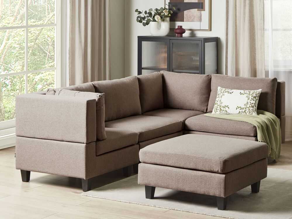 Beliani Modulinė 4 vietų sofa UNSTAD kairinė ruda su pufu