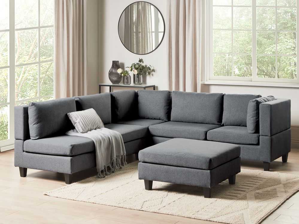 Beliani 5 vietų modulinė sofa UNSTAD Kairinė tamsiai pilka su otomane